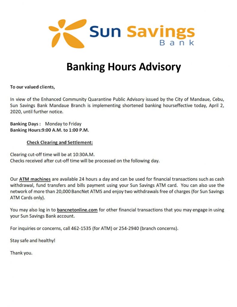 Banking Hours Advisory(Mandaue) Sun Savings Bank