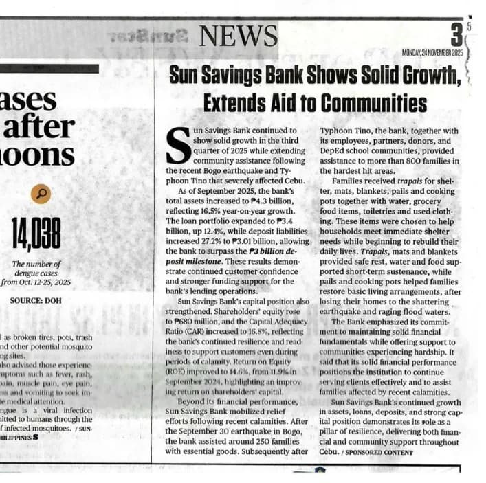 Sunstar: Sun Savings Bank Shows Solid Growth, Extends Aid to Communities